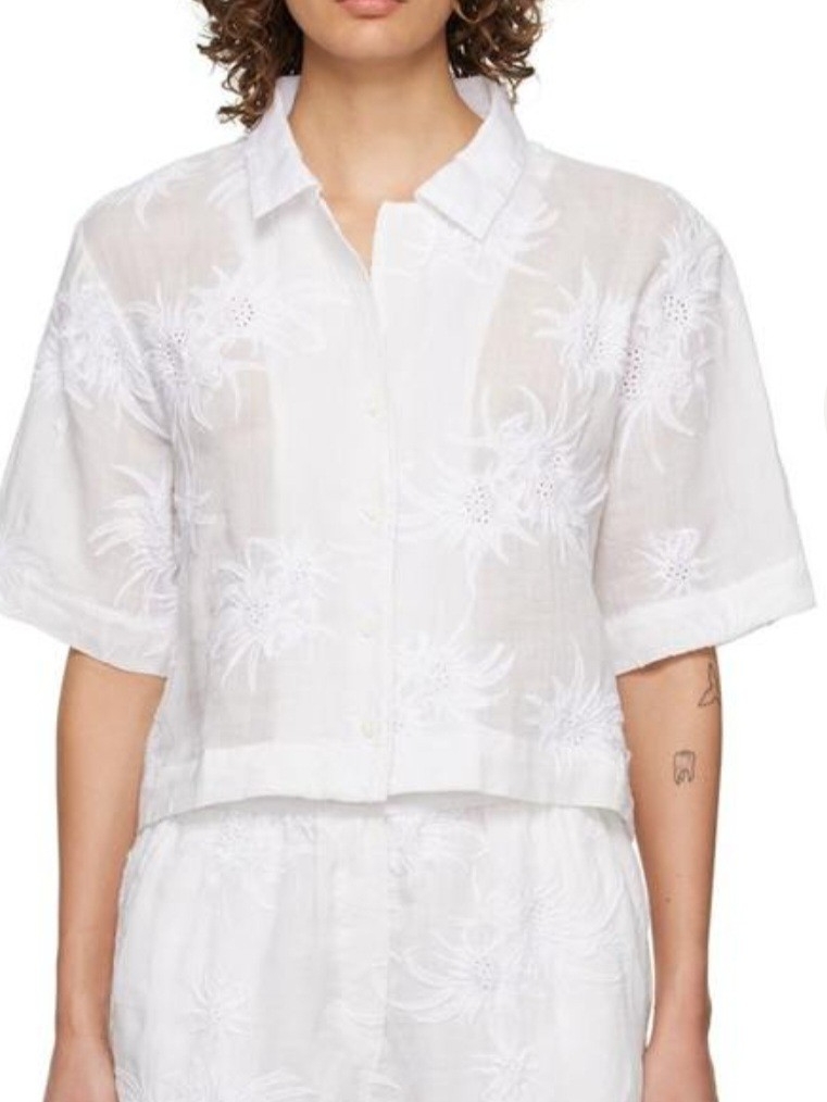 White Embroidered Short-Sleeve Button Front Top